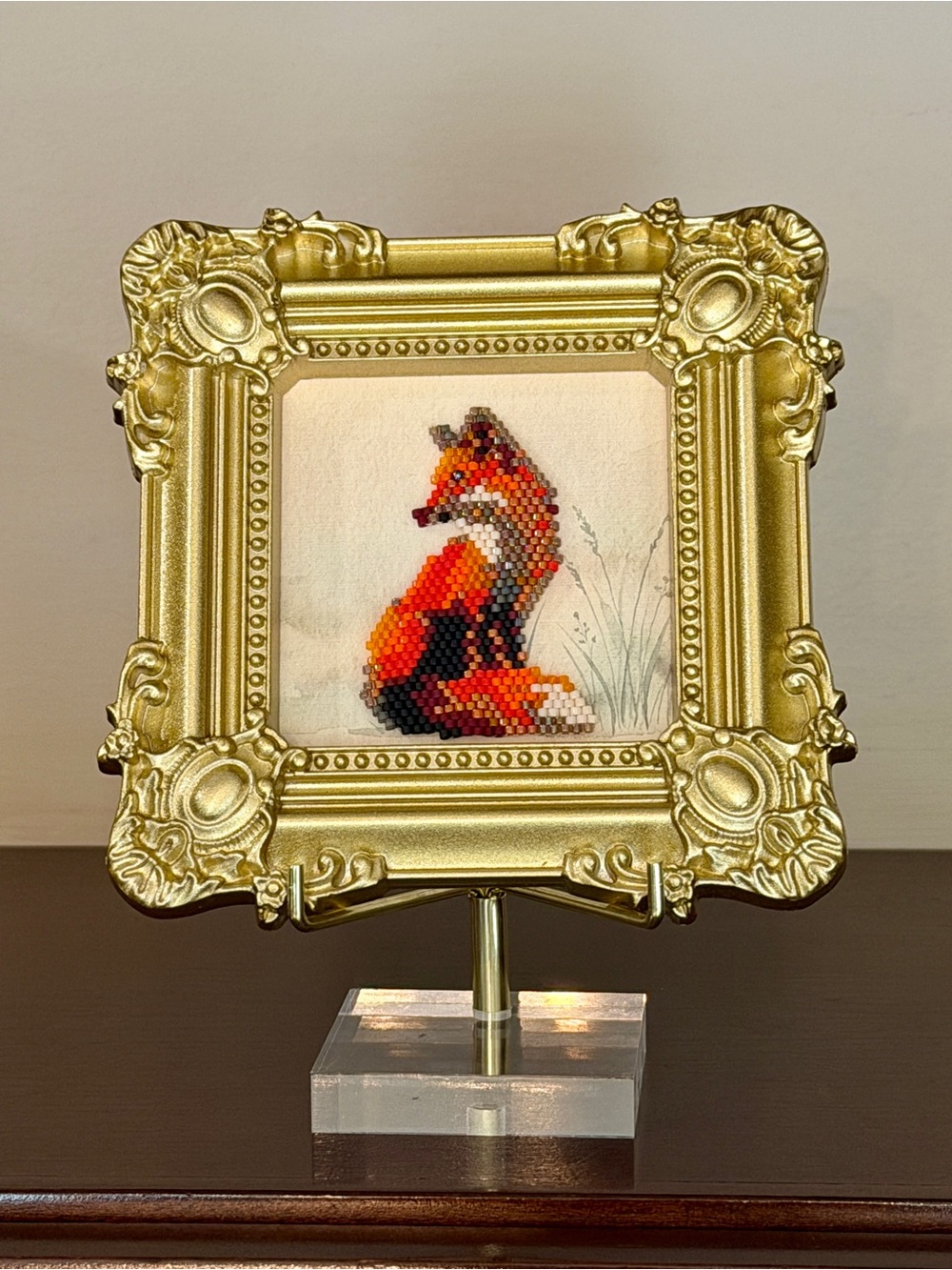 Handmade Beaded Fox Miniature Framed Art